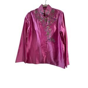 Diane Von Furstenberg 100% Silk Embroidered Pink Cheong-Sam Traditional Top